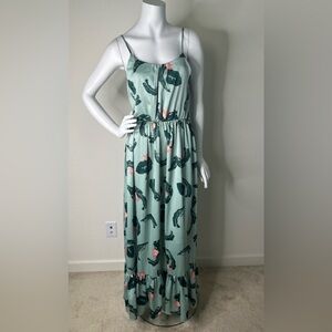 VERO MODA GREEN PINK FLORAL PRINT MAXI DRESS SIFG RUFFLE HEM XS